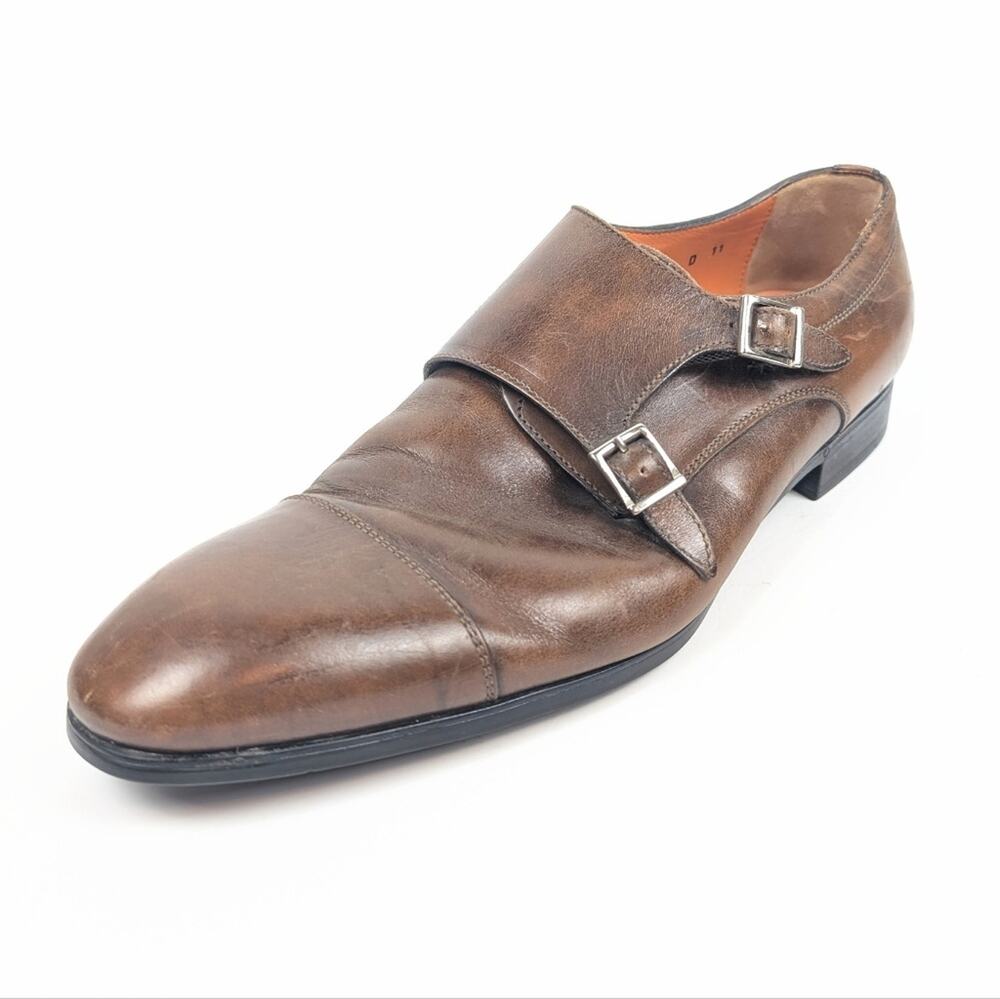 Santoni IRA Monk Strap Shoes 11 Brown Leather Double Buckle Mens Luxury Dress